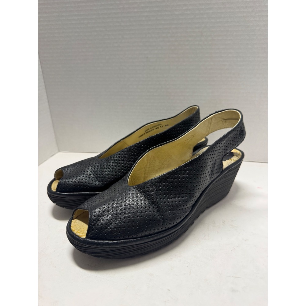 Fly London Yala Black Perforated Leather Peep Toe Wedge Slingback Sandals 40 9